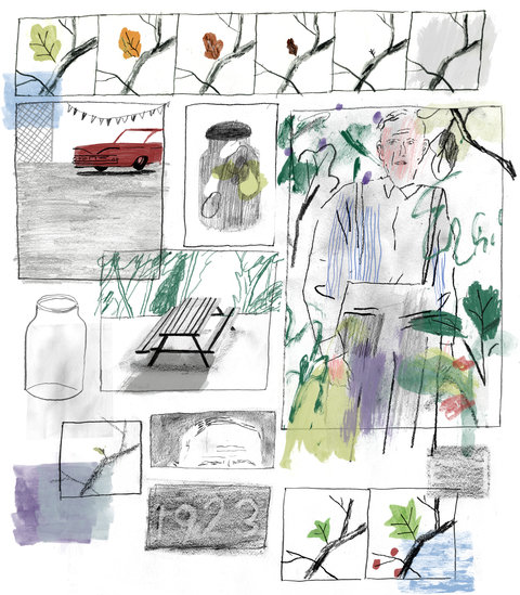 A watercolor painting showing images of leaves changing, an 1960s car with fins, and an old man in a garden.