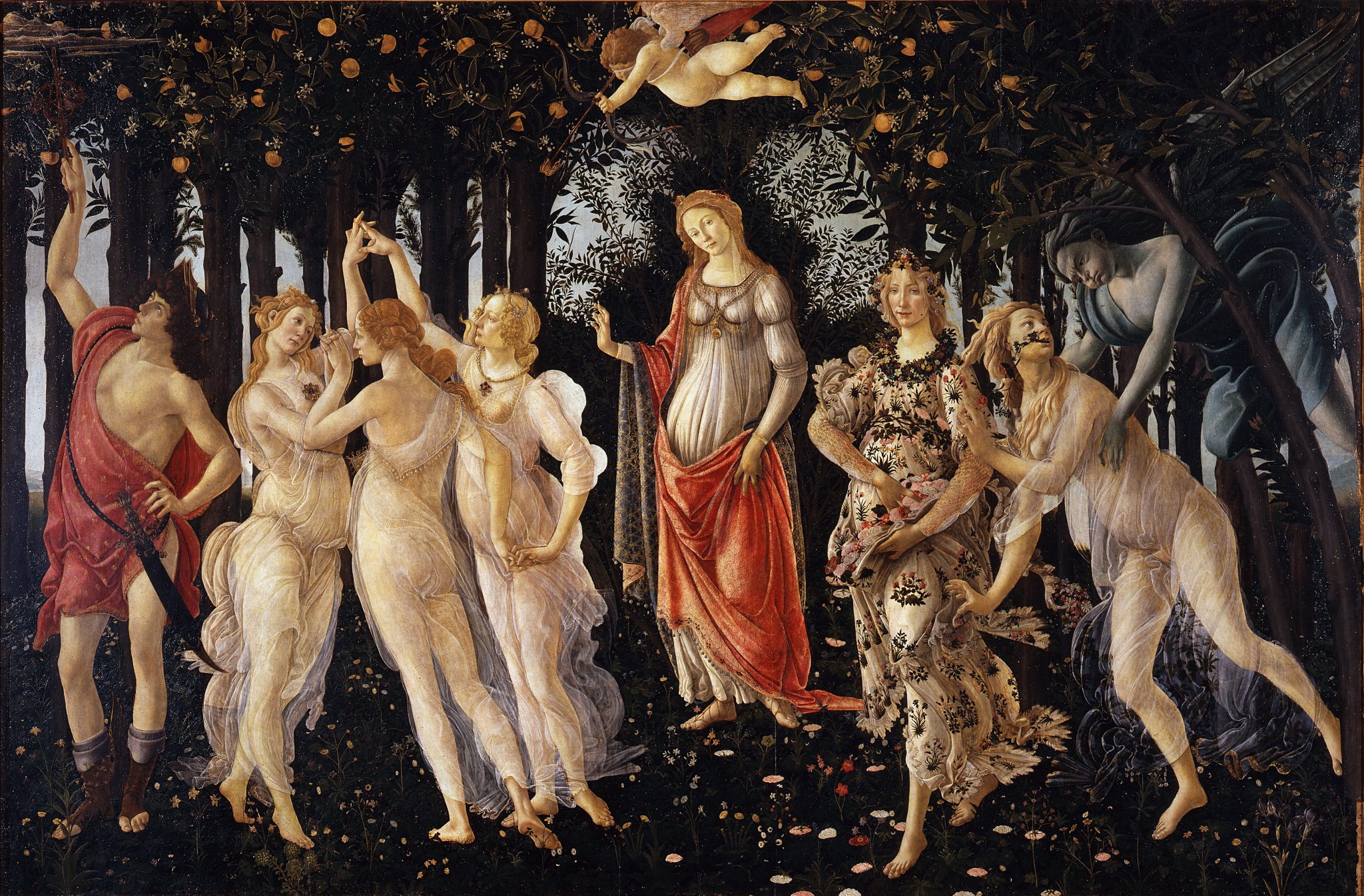 Botticelli's Primavera, a large panel painting from the 1470s-1480s.