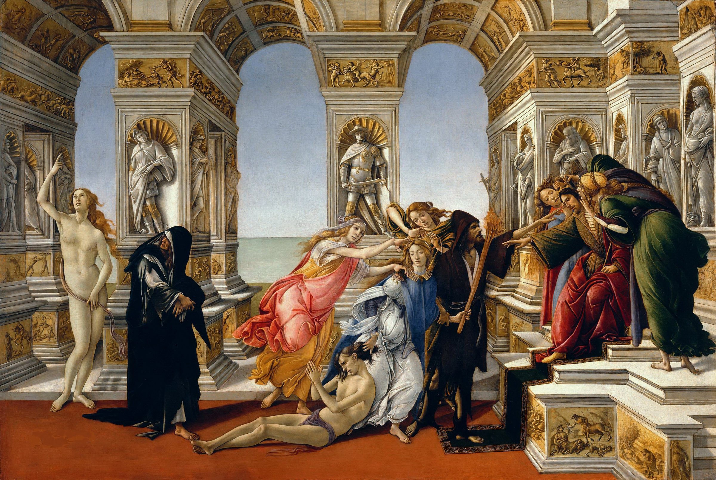 Botticelli's Calumny of Apelles painting, tempera on panel, completed around 1495.